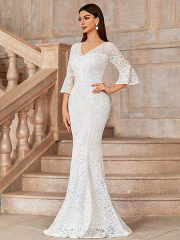 MIUSOL V Neck Lace Sequin Insert Flare Sleeve Mermaid Hem Evening Party Formal Maxi Dress