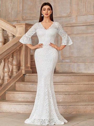MIUSOL V Neck Lace Sequin Insert Flare Sleeve Mermaid Hem Evening Party Formal Maxi Dress
