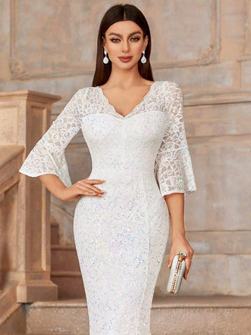MIUSOL V Neck Lace Sequin Insert Flare Sleeve Mermaid Hem Evening Party Formal Maxi Dress