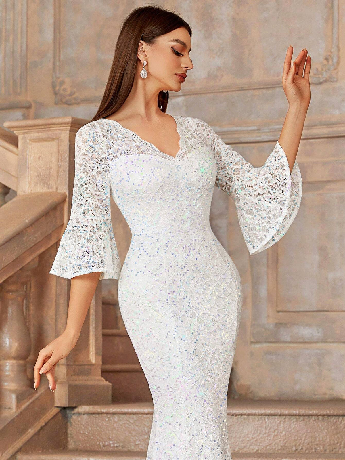 MIUSOL V Neck Lace Sequin Insert Flare Sleeve Mermaid Hem Evening Party Formal Maxi Dress