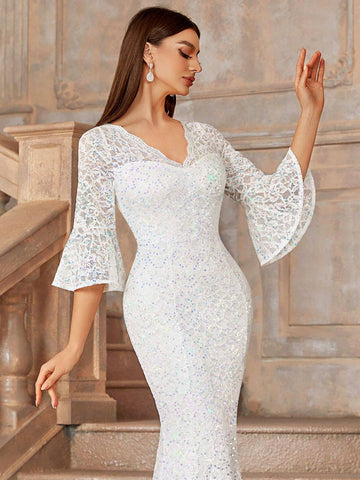 MIUSOL V Neck Lace Sequin Insert Flare Sleeve Mermaid Hem Evening Party Formal Maxi Dress