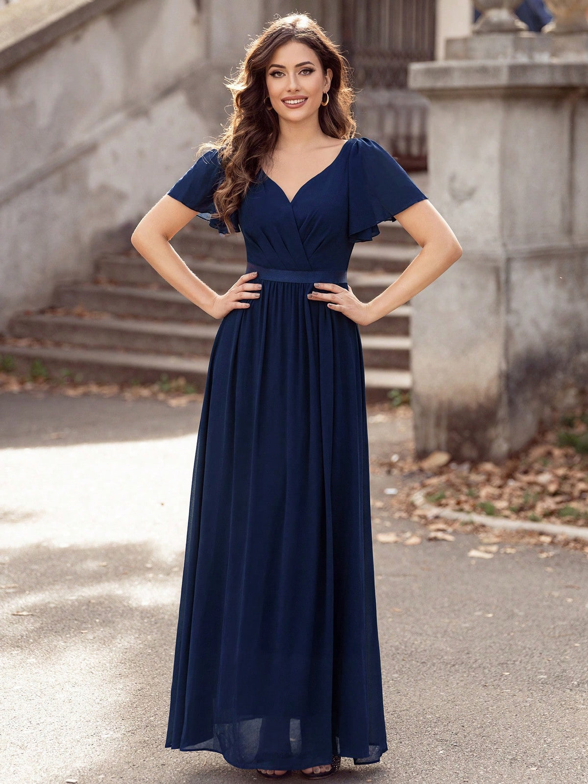 MIUSOL V Neck Ruffle Sleeve Chiffon Evening Party Long Dress