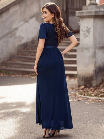 MIUSOL V Neck Ruffle Sleeve Chiffon Evening Party Long Dress