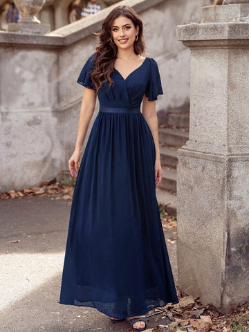 MIUSOL V Neck Ruffle Sleeve Chiffon Evening Party Long Dress