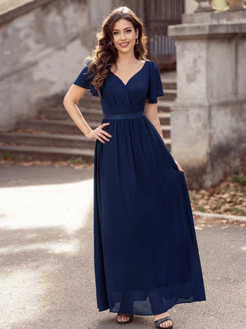MIUSOL V Neck Ruffle Sleeve Chiffon Evening Party Long Dress