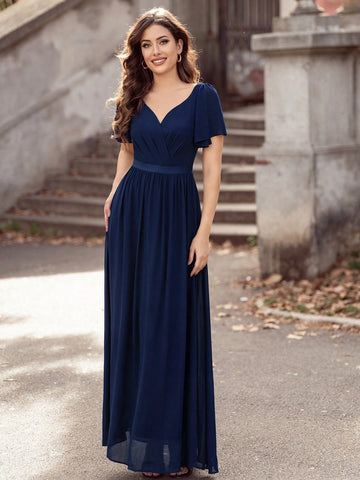 MIUSOL V Neck Ruffle Sleeve Chiffon Evening Party Long Dress