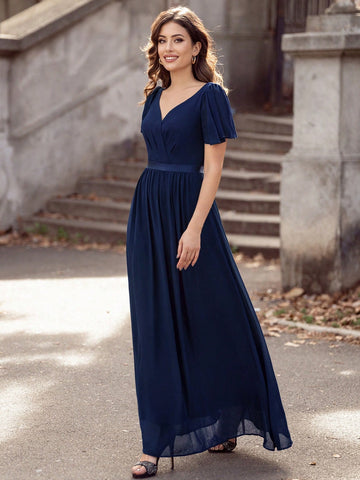 MIUSOL V Neck Ruffle Sleeve Chiffon Evening Party Long Dress