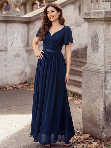 MIUSOL V Neck Ruffle Sleeve Chiffon Evening Party Long Dress