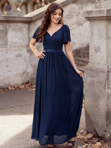 MIUSOL V Neck Ruffle Sleeve Chiffon Evening Party Long Dress