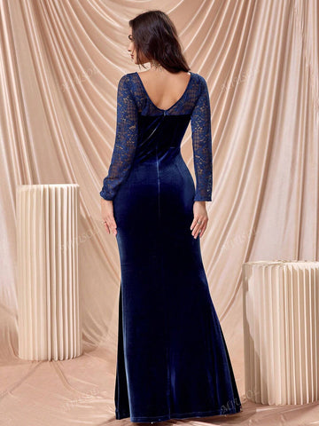 MIUSOL Velvet Bodice V-Neck Lace Scallop Trim Split Thigh Formal Party Maxi Dress