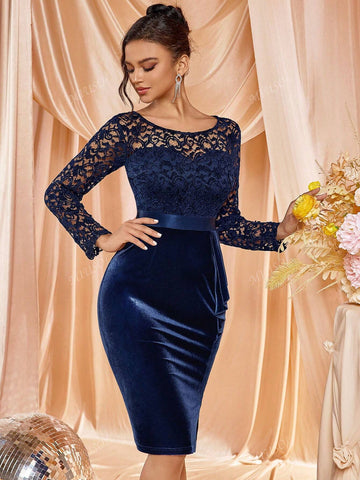 MIUSOL Velvet Lace Ruffle Trim Split Thigh Cocktail Party Bodycon Dress