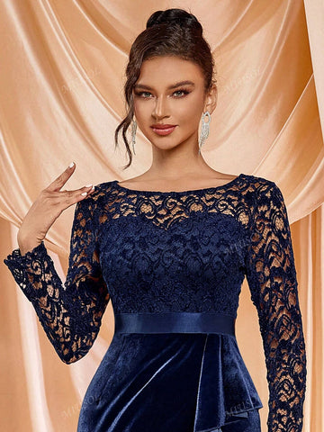 MIUSOL Velvet Lace Ruffle Trim Split Thigh Cocktail Party Bodycon Dress