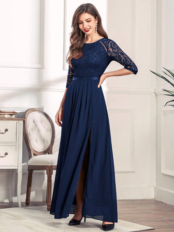 MIUSOL Zip Back Lace Bodice Slit Hem Prom Dress