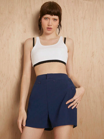 MONSE Oxana Designer Solid Color Button-Front Multi-Pocket Suit Shorts, For Daily Casual Wear,Women Clothes,For Summer