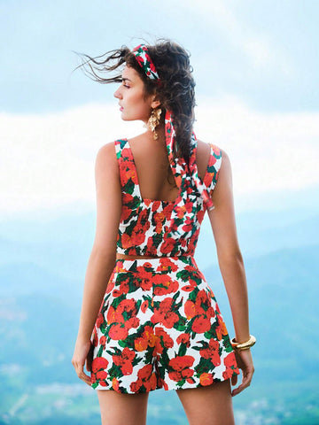 MOTF ALLOVER FLORAL PRINT SLANT POCKET FOLD PLEATED SHORTS