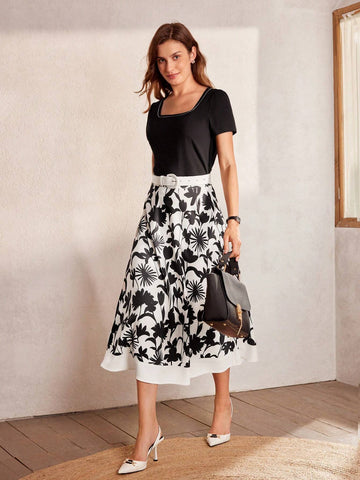 MOTF Classy CLAASY FLORAL PRINT ELASTIC WAIST A LINE SKIRT