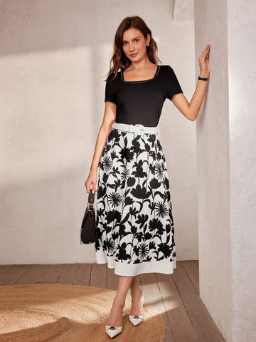 MOTF Classy CLAASY FLORAL PRINT ELASTIC WAIST A LINE SKIRT