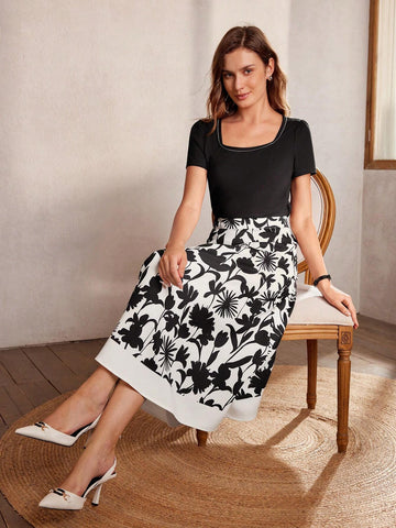 MOTF Classy CLAASY FLORAL PRINT ELASTIC WAIST A LINE SKIRT