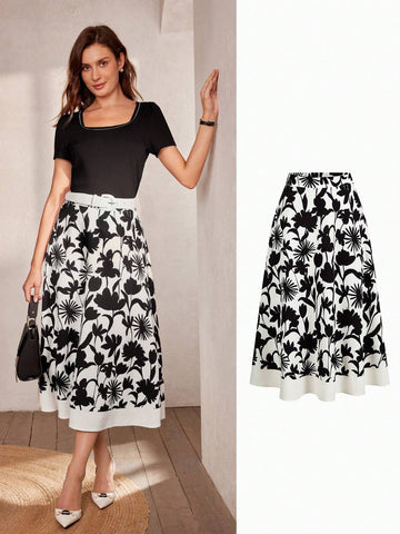 MOTF Classy CLAASY FLORAL PRINT ELASTIC WAIST A LINE SKIRT