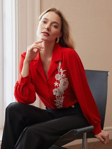 MOTF Classy CLASSY LAPEL COLLAR EMBROIDERY FLORAL PATTERN LANTERN SLEEVE SHIRT