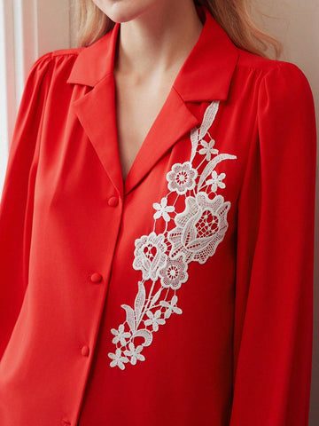 MOTF Classy CLASSY LAPEL COLLAR EMBROIDERY FLORAL PATTERN LANTERN SLEEVE SHIRT