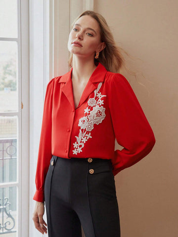 MOTF Classy CLASSY LAPEL COLLAR EMBROIDERY FLORAL PATTERN LANTERN SLEEVE SHIRT