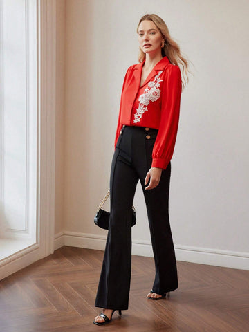 MOTF Classy CLASSY LAPEL COLLAR EMBROIDERY FLORAL PATTERN LANTERN SLEEVE SHIRT