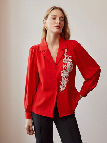 MOTF Classy CLASSY LAPEL COLLAR EMBROIDERY FLORAL PATTERN LANTERN SLEEVE SHIRT