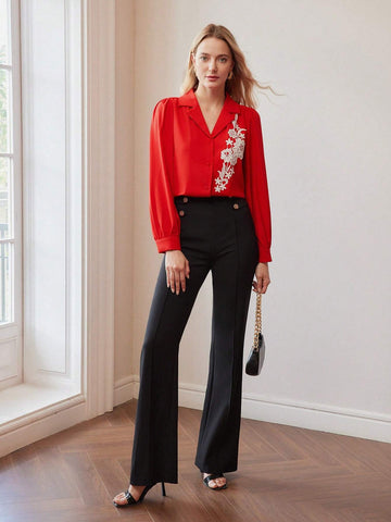 MOTF Classy CLASSY LAPEL COLLAR EMBROIDERY FLORAL PATTERN LANTERN SLEEVE SHIRT