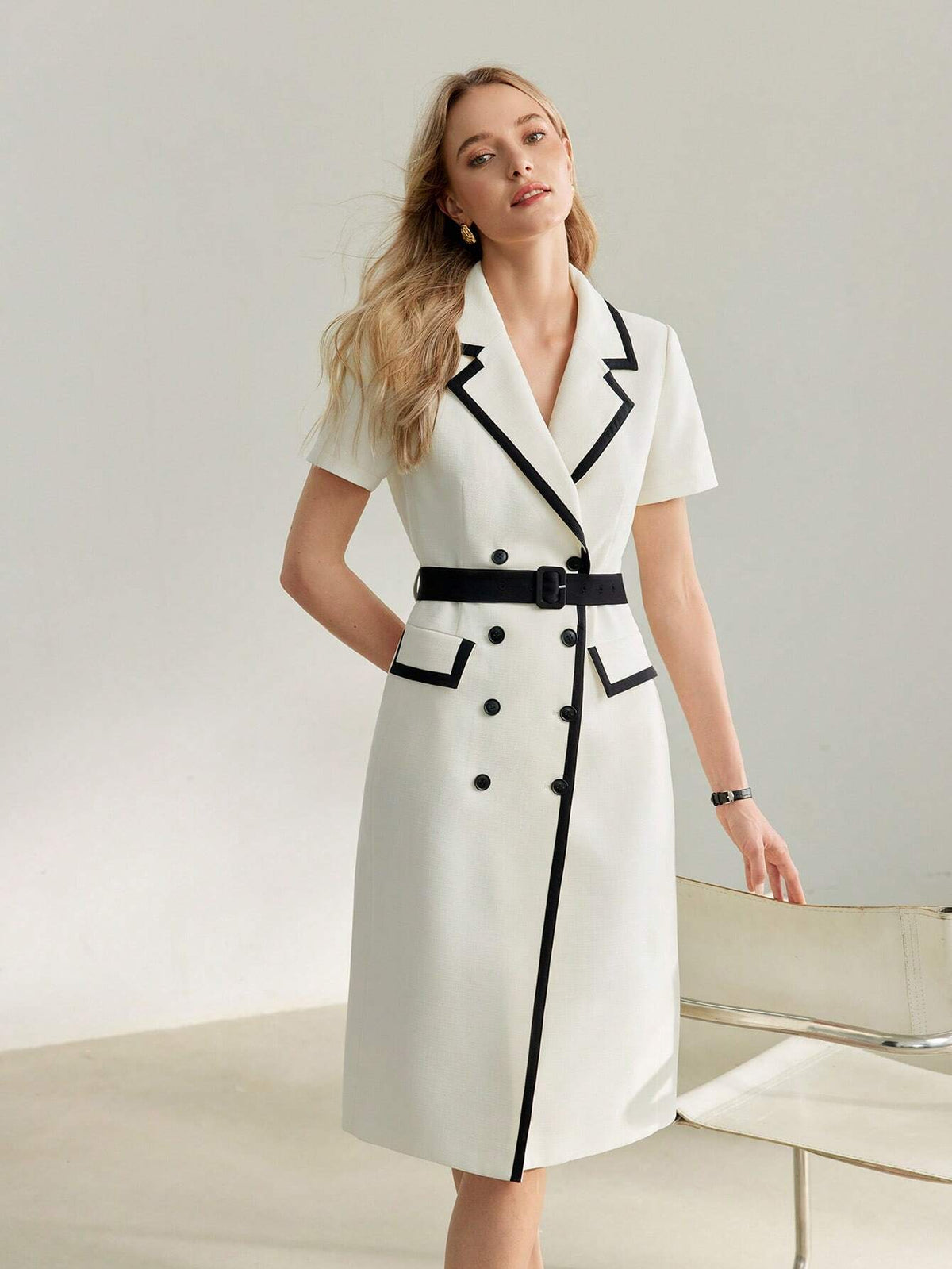 MOTF Classy CONTRAST BINDING DOUBLE BREASTED BELTED DRESS