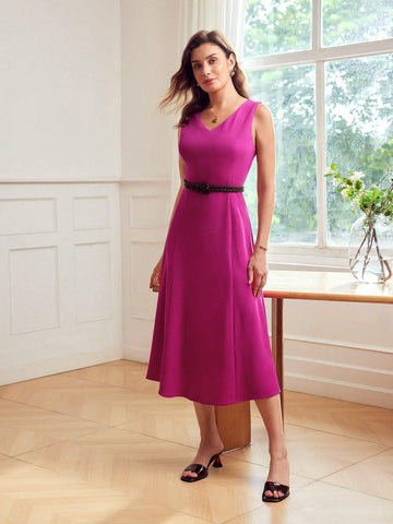MOTF Classy SOLID V-NECK FLARE HEM DRESS WITHOUT BELT
