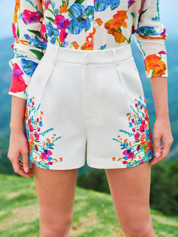 MOTF FLORAL PRINT FOLD PLEATED SLANT POCKET SHORTS