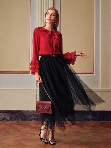 MOTF MESH CHAIN WAIST FLARE SKIRT