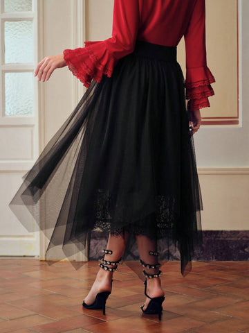 MOTF MESH CHAIN WAIST FLARE SKIRT