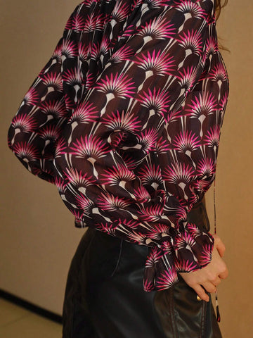 MOTF PREMIUM ALLOVER PRINT FRILL TIE NECK FLARE SLEEVE BLOUSE