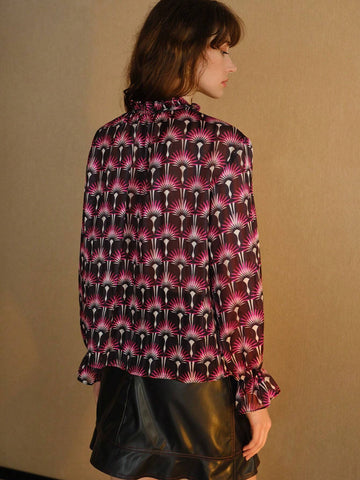 MOTF PREMIUM ALLOVER PRINT FRILL TIE NECK FLARE SLEEVE BLOUSE
