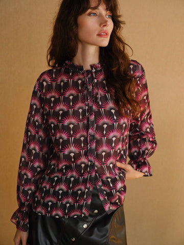 MOTF PREMIUM ALLOVER PRINT FRILL TIE NECK FLARE SLEEVE BLOUSE