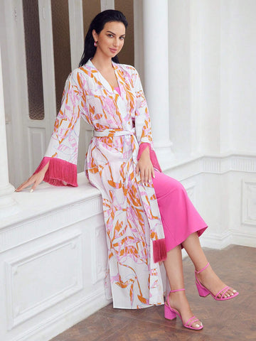 MOTF PREMIUM ALLOVER PRINT FRINGE TRIM BELTED COAT & TUBE DRESS SET