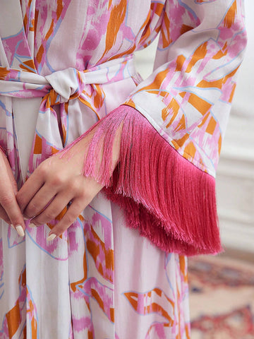 MOTF PREMIUM ALLOVER PRINT FRINGE TRIM BELTED COAT & TUBE DRESS SET