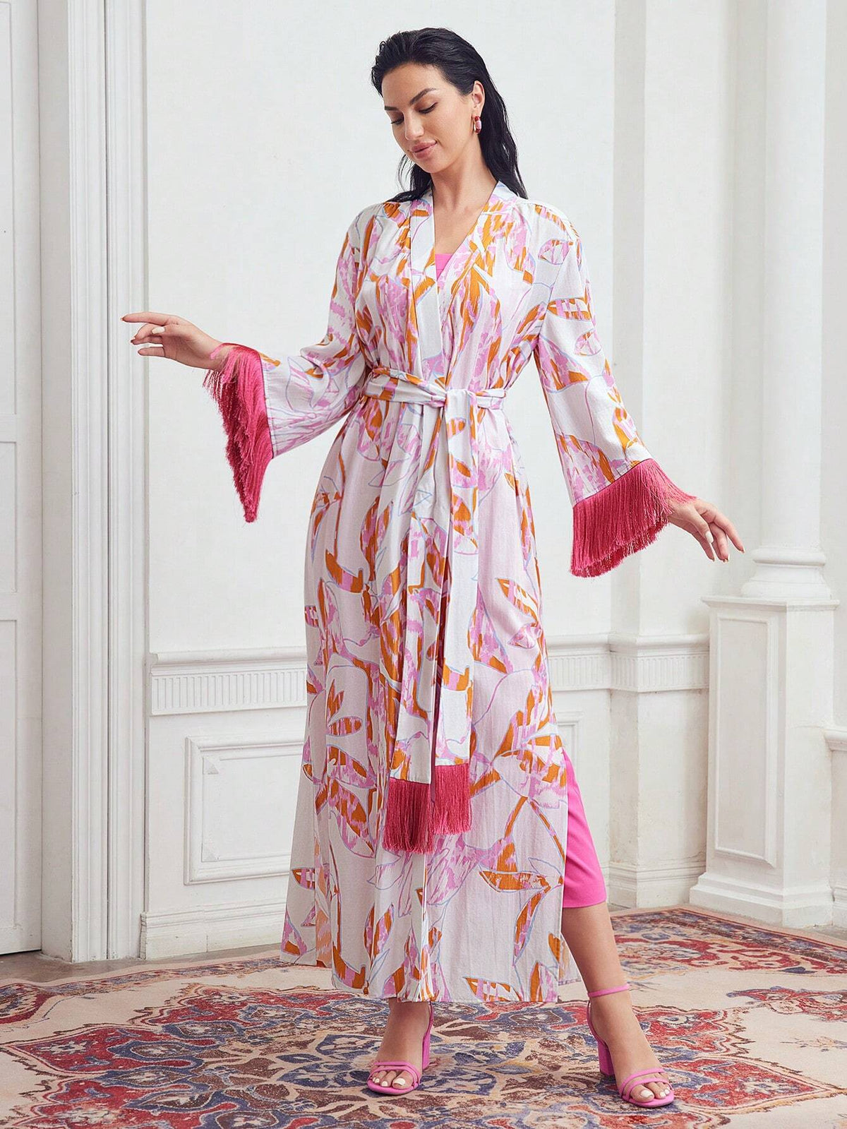 MOTF PREMIUM ALLOVER PRINT FRINGE TRIM BELTED COAT & TUBE DRESS SET