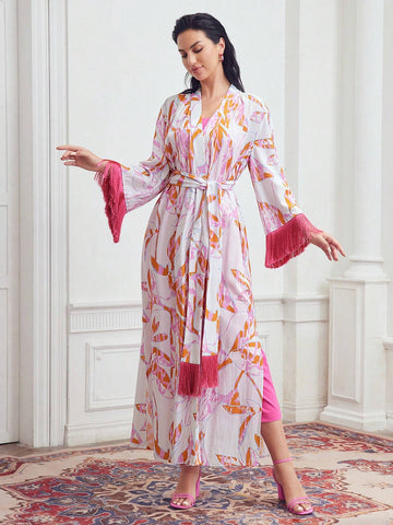 MOTF PREMIUM ALLOVER PRINT FRINGE TRIM BELTED COAT & TUBE DRESS SET