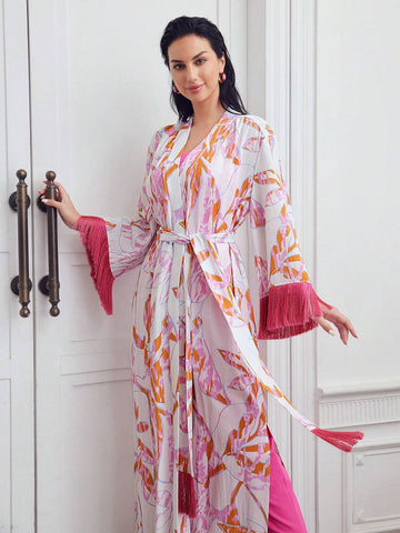 MOTF PREMIUM ALLOVER PRINT FRINGE TRIM BELTED COAT & TUBE DRESS SET