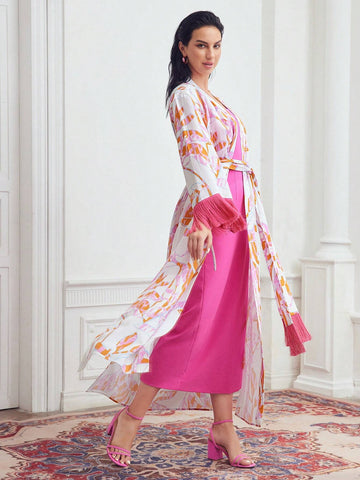 MOTF PREMIUM ALLOVER PRINT FRINGE TRIM BELTED COAT & TUBE DRESS SET