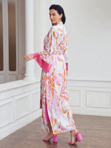 MOTF PREMIUM ALLOVER PRINT FRINGE TRIM BELTED COAT & TUBE DRESS SET