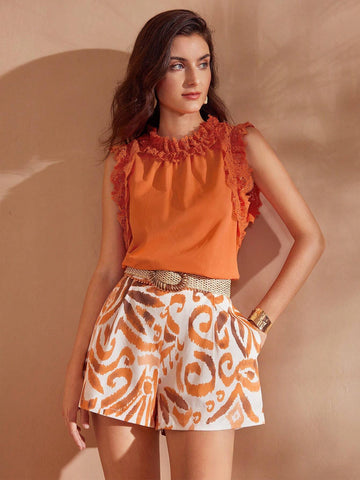 MOTF PREMIUM ALLOVER PRINT LACE TRIM SLANT POCKET SHORTS