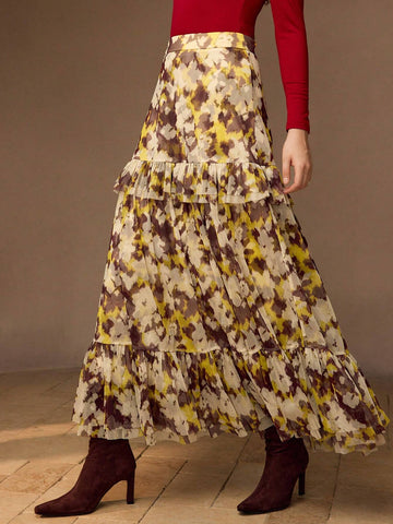 MOTF PREMIUM ALLOVER PRINT RUFFLE HEM LONG SKIRT