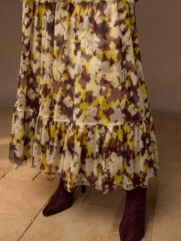 MOTF PREMIUM ALLOVER PRINT RUFFLE HEM LONG SKIRT
