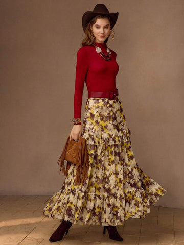 MOTF PREMIUM ALLOVER PRINT RUFFLE HEM LONG SKIRT