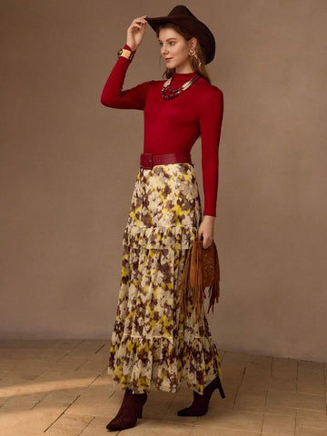 MOTF PREMIUM ALLOVER PRINT RUFFLE HEM LONG SKIRT