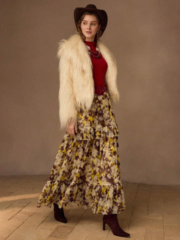MOTF PREMIUM ALLOVER PRINT RUFFLE HEM LONG SKIRT